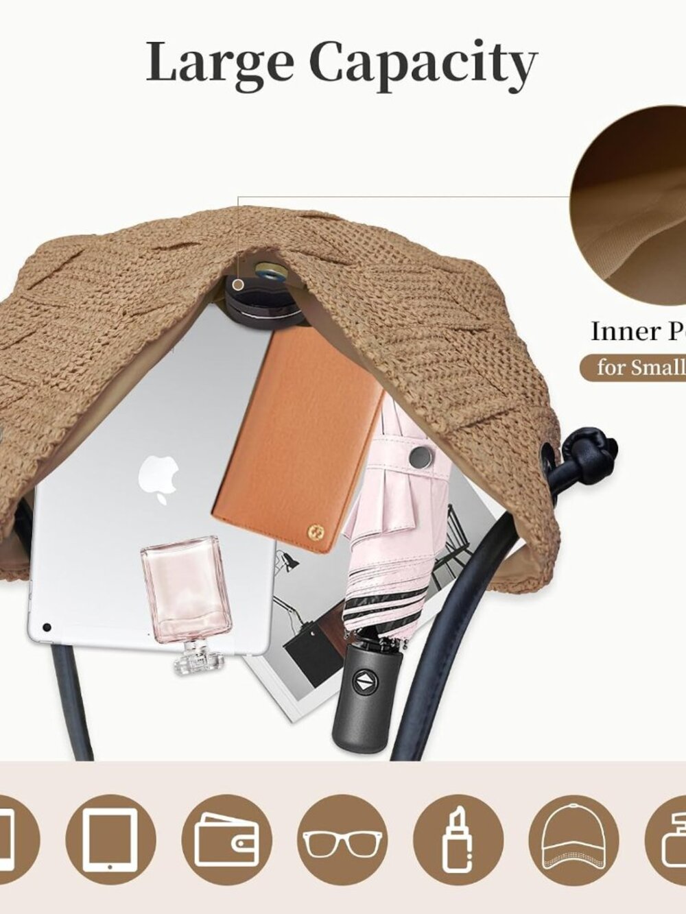 Women's Straw Hobo Tote Bag Handmade Summer Beach Purse Woven Shoulder Handbag 2 - Picture 6 of 6